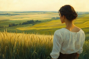 Leinwandbilder - Woman in white dress gazes at a vast golden field of wheat under a soft sunset sky.