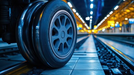 Poster - Close-Up of Train Wheel on Tracks at Night with Soft Blue Lighting