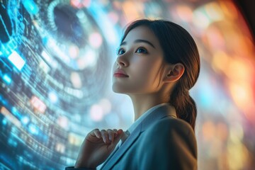 Aufkleber - A young businesswoman gazes thoughtfully at a vibrant, futuristic data display, contemplating technological advancements.