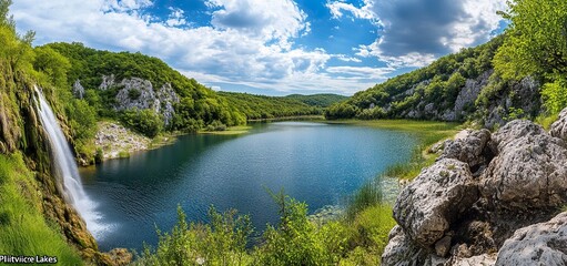 Wall Mural - Waterfalls in PlitviÄe National Park: Some Necklaces from the Body of Waterfalls at the Most Beautiful Natural Place on Earth. Captivating panorama of 