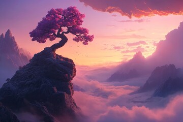 Wall Mural - a beautiful, fantastical tree growing atop a rock in the sky, with a foggy valley below and pink and
