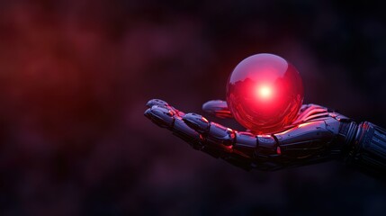 Poster - Futuristic Robotic Hand Holding a Glowing Red Sphere in Darkness