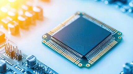 Poster - Close-Up of a Computer Chip on a Circuit Board with Soft Lighting