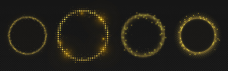 Poster - Golden halftone circles set - shiny dotted round frames, luxury golden sparkly graphic elements collection on black background. Glowing glitter border, premium decorative geometric design shapes.