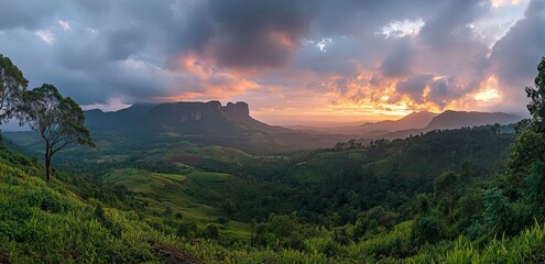 Wall Mural - A beautiful green landscape of a mountain range with trees and sky at sunset in the southern region of Thailand. A Sri Lankan nature view with a beautiful cloudscape. 