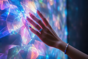 Poster - A hand adorned with rings and bracelets interacts with a vibrant, iridescent, geometric light display.