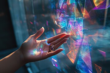 Poster - A hand interacts with a vibrant, holographic, geometric display, showcasing futuristic technology and digital art.