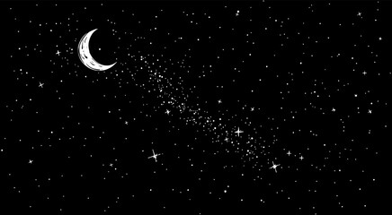 little stars & crescent moon in the night - hand drawing style (artwork 2)