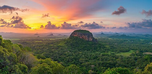 Wall Mural - A beautiful green landscape of a mountain range with trees and sky at sunset in the southern region of Thailand. A Sri Lankan nature view with a beautiful cloudscape. 