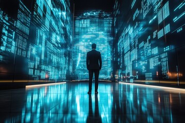 Poster - A businessman stands amidst a futuristic cityscape of flowing data streams, symbolizing the vastness of digital information and technological advancement.