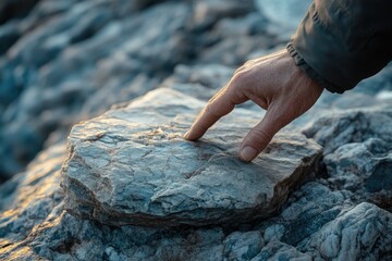 Aufkleber - A hand gently touches a rough, textured rock, showcasing the natural beauty and details of the stone's surface.