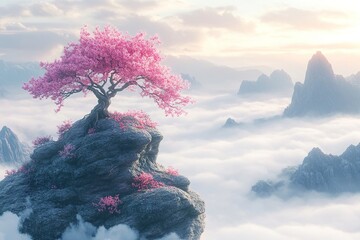 Wall Mural - a beautiful, pink tree growing on top of a rock in the clouds, with a dreamy, misty landscape and a 