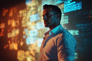 Aufkleber - A man stands pensively before a wall of glowing screens, contemplating data streams and digital information.
