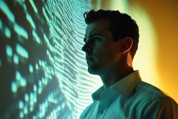 Aufkleber - A man contemplates lines of code projected onto a wall, symbolizing software development or data analysis.