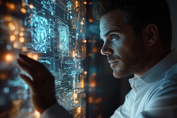 Aufkleber - A man interacts with a futuristic digital interface, exploring complex data streams and visualizations.