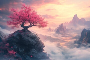 Wall Mural - a beautiful, pink tree growing on top of a rock in the clouds, with a dreamy, misty landscape and a 