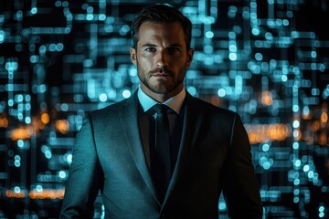 Aufkleber - A man in a suit stands confidently before a backdrop of digital code, symbolizing technology and success.