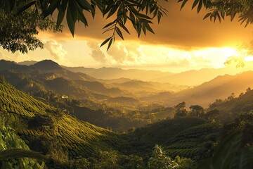 Wall Mural - A beautiful view of green mountains and sky in Thailand, during the golden hour, with trees and tea plantations. Photorealistic, high-resolution. 