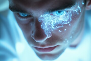 Fototapete - Close-up of a person's face with futuristic glowing circuit patterns overlayed on their skin, emphasizing technological integration with the human body.
