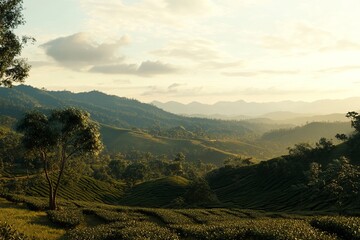 Wall Mural - A beautiful view of green mountains and sky in Thailand, during the golden hour, with trees and tea plantations. Photorealistic, high-resolution. 