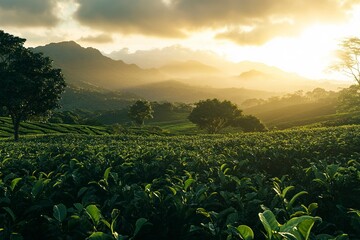 Wall Mural - A beautiful view of green mountains and sky in Thailand, during the golden hour, with trees and tea plantations. Photorealistic, high-resolution. 