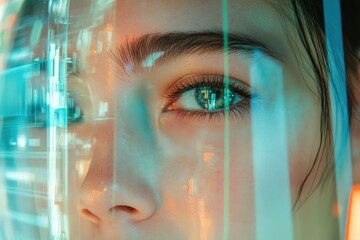 Fototapete - Close-up of a woman's eye, overlaid with a futuristic, teal digital interface.