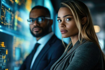 Aufkleber - A woman and a man in business attire stand confidently before a futuristic data screen, projecting an image of success and innovation.