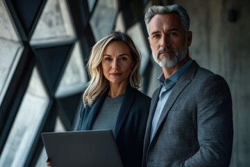 Poster - Confident business partners, a man and a woman, stand together, showcasing teamwork and success.