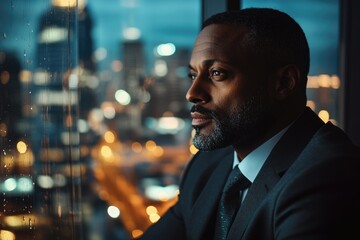 Poster - A pensive businessman gazes out at a rain-streaked cityscape at night, contemplating his future.