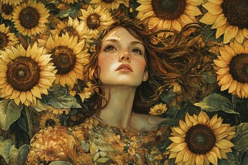 Poster - A serene woman with auburn hair rests amidst a field of sunflowers, bathed in golden sunlight.