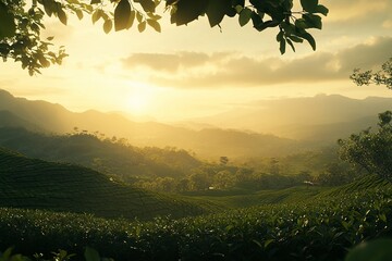 Wall Mural - A beautiful view of green mountains and sky in Thailand, during the golden hour, with trees and tea plantations. Photorealistic, high-resolution. 