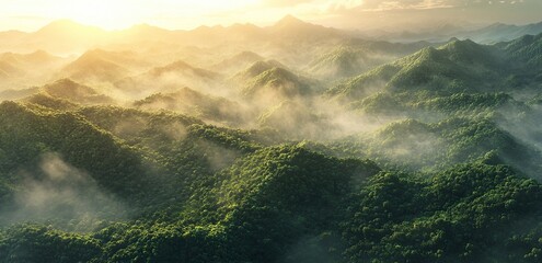 Wall Mural - A beautiful view of the green mountains in Thailand, with rolling hills, a stunning sunrise, and golden light. The image is photo-realistic and high-resolution. 