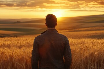 Aufkleber - A man stands in a golden wheat field, watching the sunset, feeling peace and serenity.