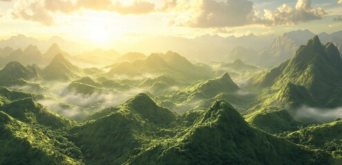 Wall Mural - A beautiful view of the green mountains in Thailand, with rolling hills, a stunning sunrise, and golden light. The image is photo-realistic and high-resolution. 