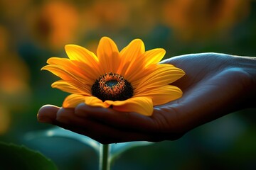 Leinwandbilder - A vibrant yellow sunflower gently rests in a cupped hand, bathed in warm sunlight.