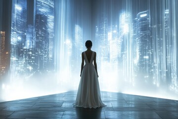 Poster - A woman in a white gown stands before a futuristic cityscape, illuminated by vibrant digital streams of light.