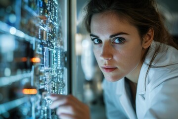 Aufkleber - A focused female engineer intently examines a complex circuit board, showcasing technological innovation and expertise.