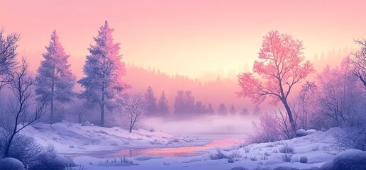 Wall Mural - a beautiful winter landscape with trees and a river in the mist, at sunrise.