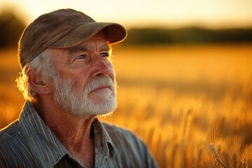 Leinwandbilder - An elderly farmer contemplates his golden wheat field at sunset, reflecting on years of hard work and the beauty of nature.