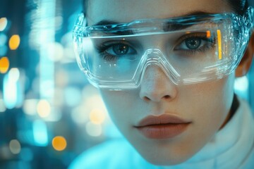 Leinwandbilder - A woman wearing futuristic transparent goggles in a laboratory setting, possibly a scientist or researcher.