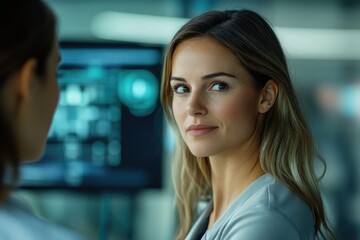 Poster - A woman with long brown hair looks over her shoulder in a modern office setting.