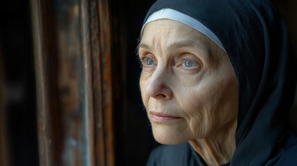 Poster - Peace envelops a nun as she gazes thoughtfully out of her monastery window. Surrounded by the serene ambiance, she reflects on her tranquil existence, immersed in spirituality and contemplation