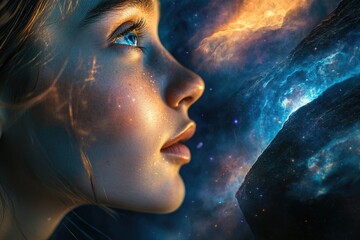 Aufkleber - A woman's face, illuminated, gazes towards a vast, cosmic nebula, evoking wonder and mystery.