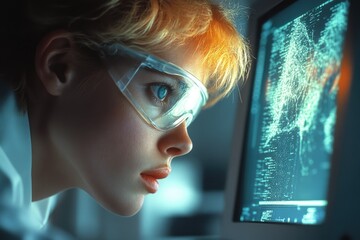 Aufkleber - A female scientist intently studies a complex data visualization on a computer screen, immersed in research.