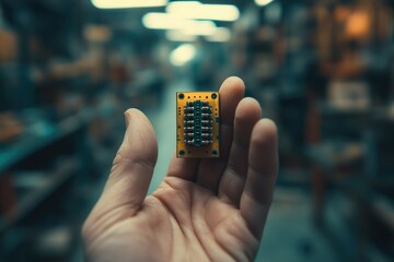 Aufkleber - A hand holds a small, yellow circuit board with numerous components, possibly a microchip or integrated circuit.