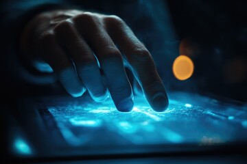 Poster - A hand interacts with a glowing blue touchscreen interface, showcasing advanced technology.