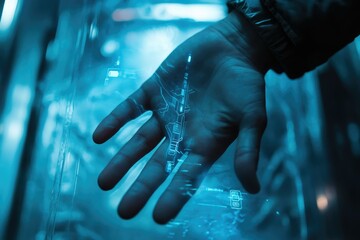 Aufkleber - A hand interacts with a futuristic holographic interface, displaying a digital map or data.
