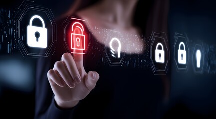 Cyber security firewall interface protection concept.Personal data security and banking. Protecting herself from cyber attacks.