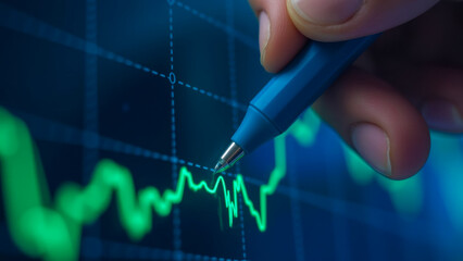 Poster - Close-up of a Hand Holding a Pen Analyzing Financial Chart Data with Green Lines and Graphs on a Digital Screen in Modern Office Setting