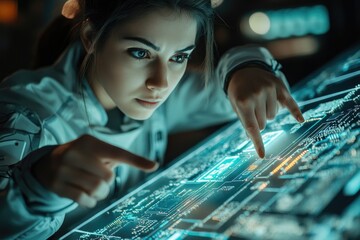 Poster - Focused woman interacts with a futuristic, holographic interface, navigating complex digital data.